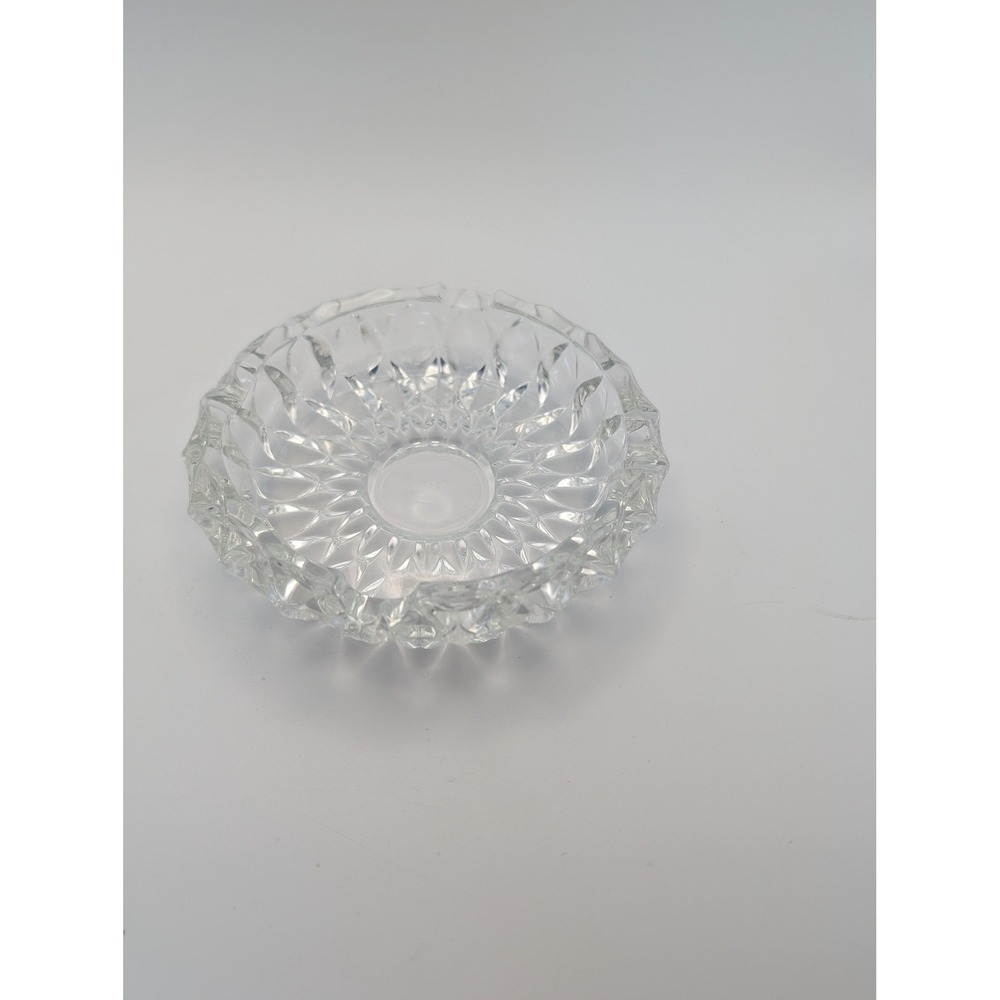 Vintage Clear Cut Glass Ashtray Round Sunburst Diamond Pattern MCM 5.5 Inch
